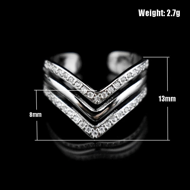 Womans 925 Resizable Silver V Shape Multilayer Zircon Rings