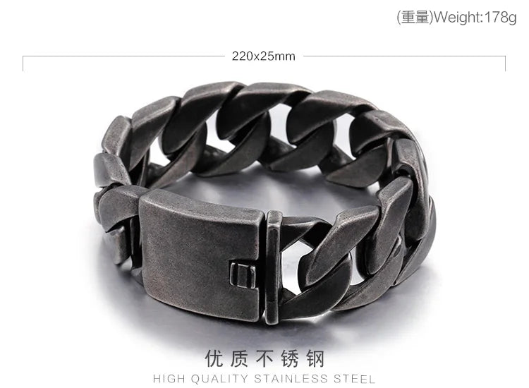 Bike Chain Bracelets Men 25mm Width Stainless Steel Brushed Link.