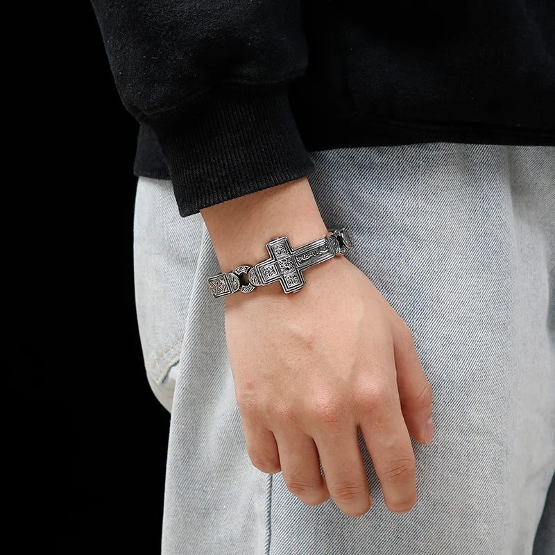 Christian Big Cross Charm Bracelets Men 20cm Stainless Steel.