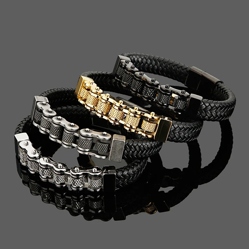 Bicycle Chain Men's Bracelet Woven Leather Wrapped Charm