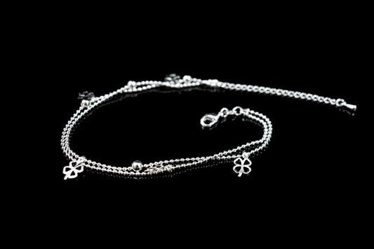 Sterling Silver Double Layer Small Ball Chain Anklet Jewels Clover.