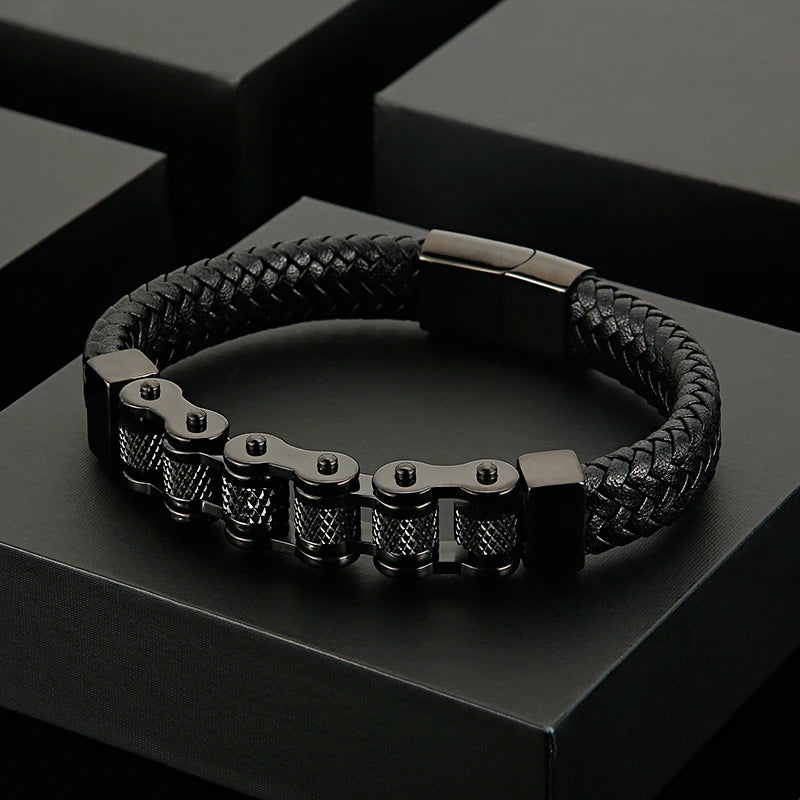 Bicycle Chain Men's Bracelet Woven Leather Wrapped Charm