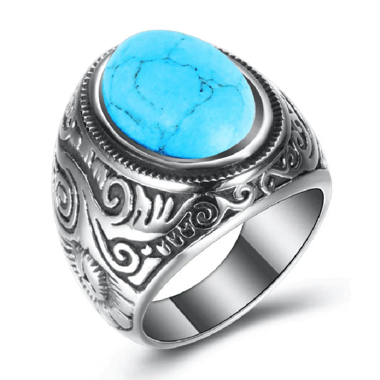 Men's Carved Pattern Stainless Steel Blue Stone Ring