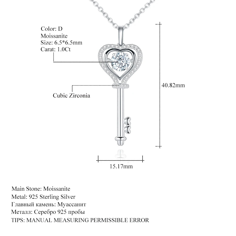 Womans Sterling Silver Moissanite Diamond Key Necklace