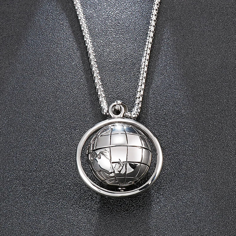 Globe Pendant Steel Color Men's Punk Style Stainless Steel Necklace.