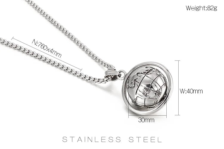 Globe Pendant Steel Color Men's Punk Style Stainless Steel Necklace.