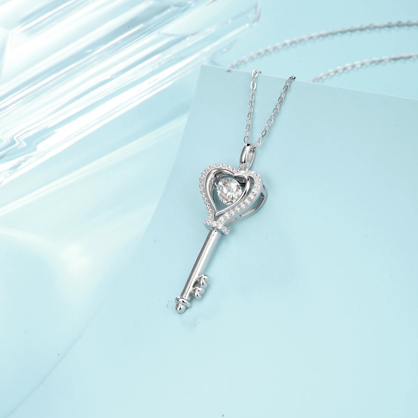 Womans Sterling Silver Moissanite Diamond Key Necklace