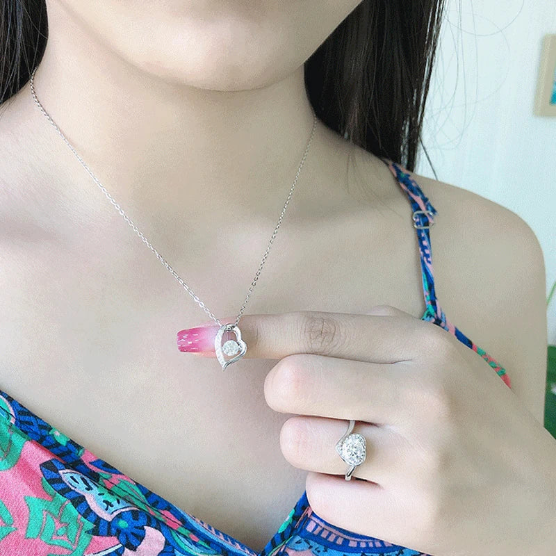 Women's Silver Moissanite Dancing Diamond  Heart Necklace