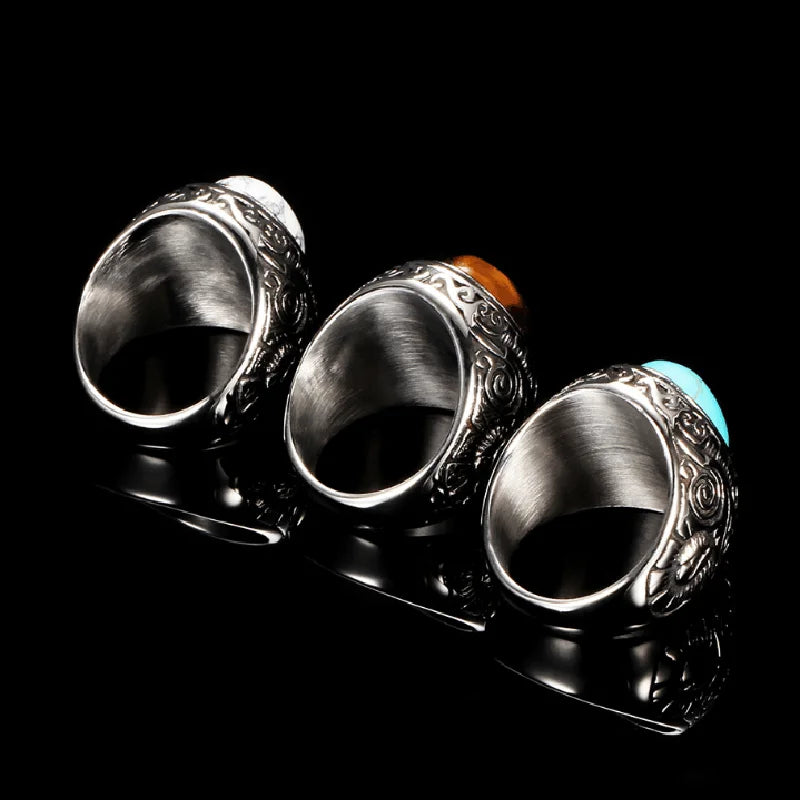 Men's Carved Pattern Stainless Steel Blue Stone Ring
