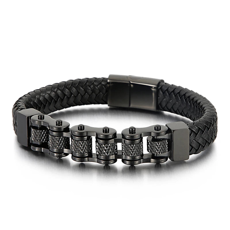 Bicycle Chain Men's Bracelet Woven Leather Wrapped Charm