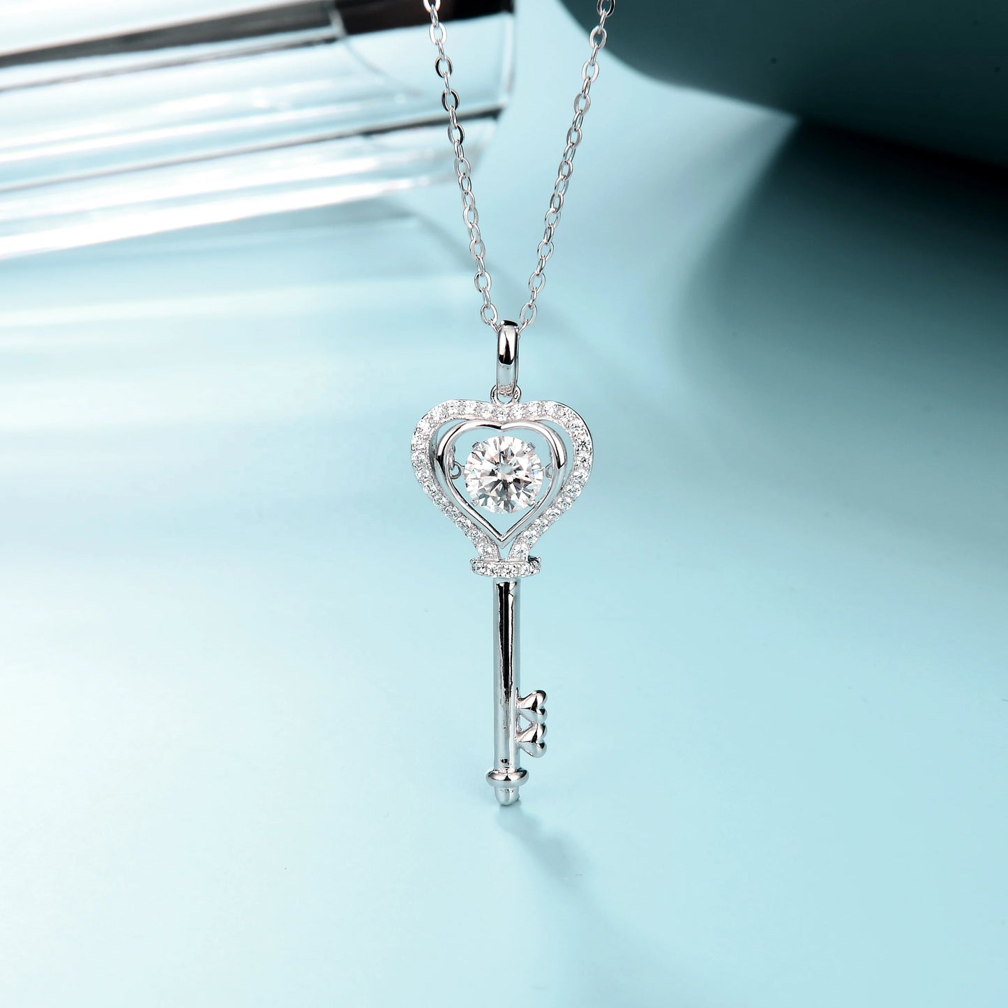 Womans Sterling Silver Moissanite Diamond Key Necklace