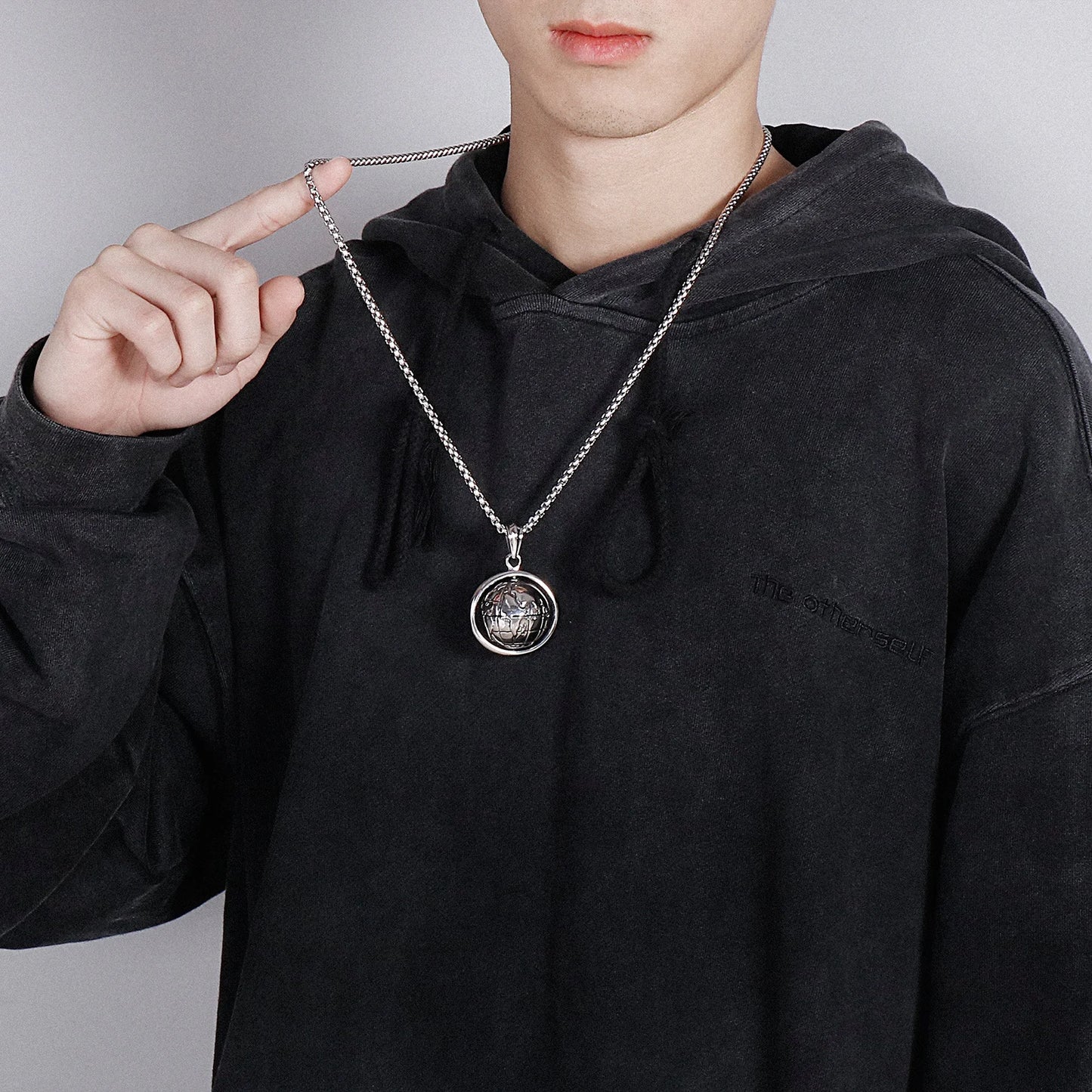 Globe Pendant Steel Color Men's Punk Style Stainless Steel Necklace.