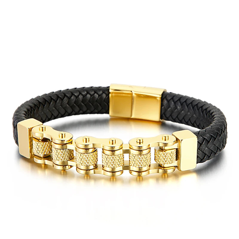 Bicycle Chain Men's Bracelet Woven Leather Wrapped Charm
