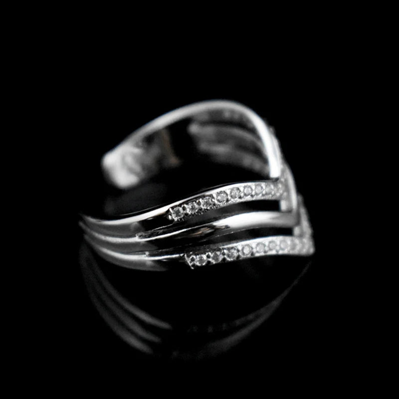 Womans 925 Resizable Silver V Shape Multilayer Zircon Rings