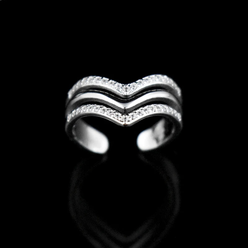 Womans 925 Resizable Silver V Shape Multilayer Zircon Rings
