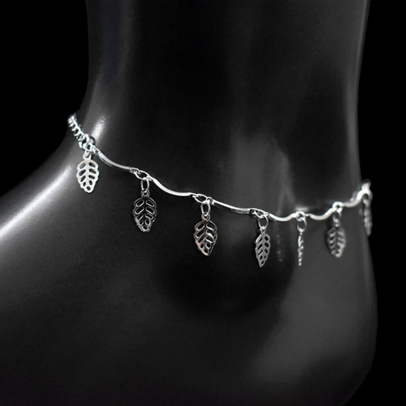 925 Sterling Silver Leaf Heart Charm Anklet For Women