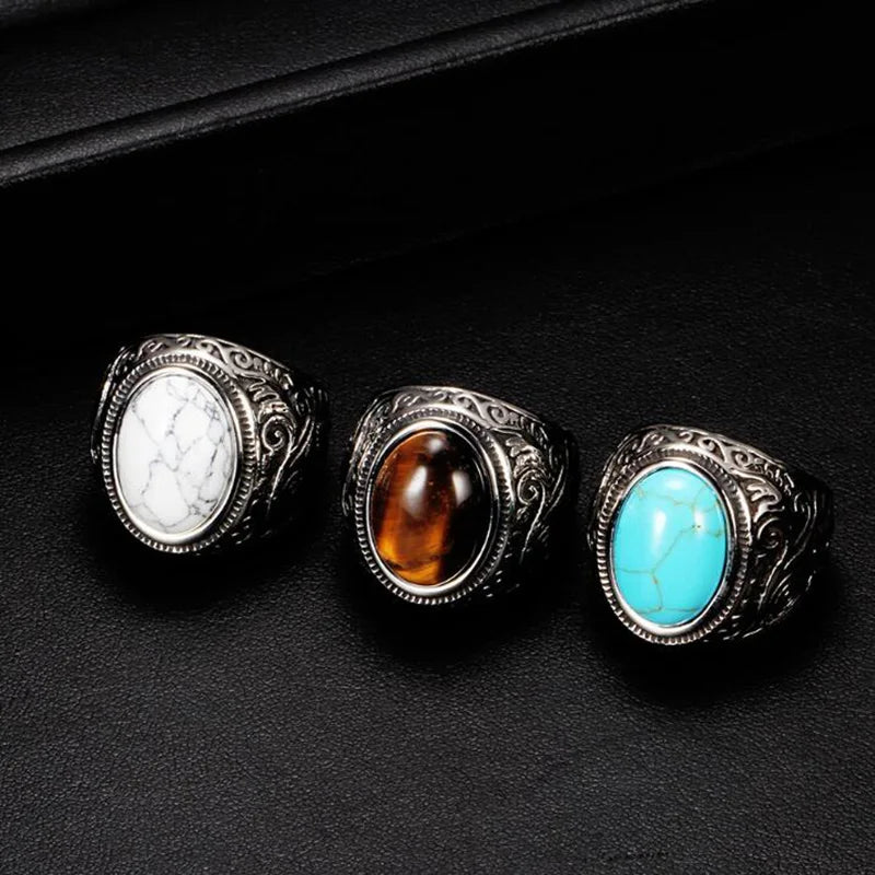 Men's Carved Pattern Stainless Steel Blue Stone Ring
