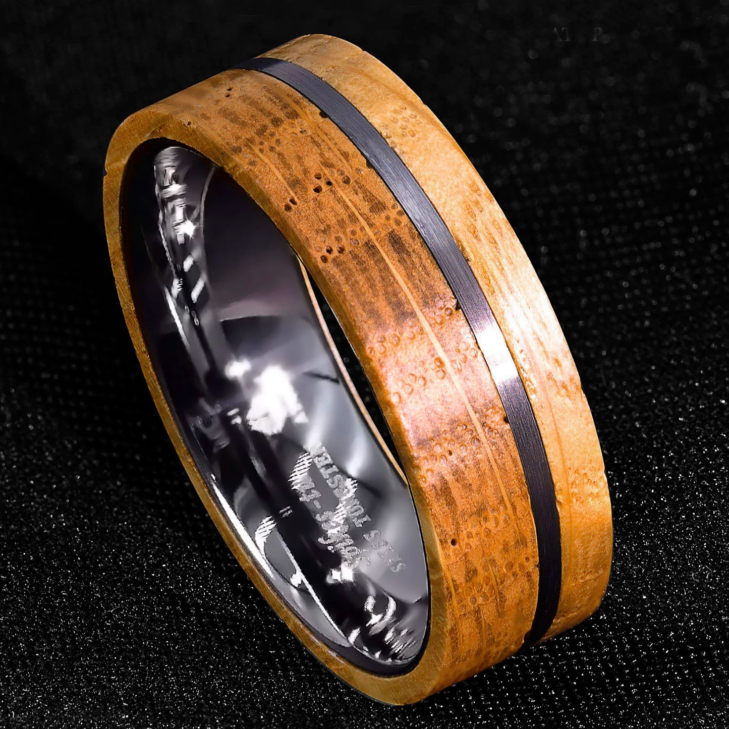 Men's 8mm Tungsten Ring With Whiskey Barrel Wood Brushed Stripe ATOP.