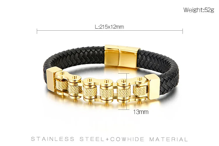 Bicycle Chain Men's Bracelet Woven Leather Wrapped Charm