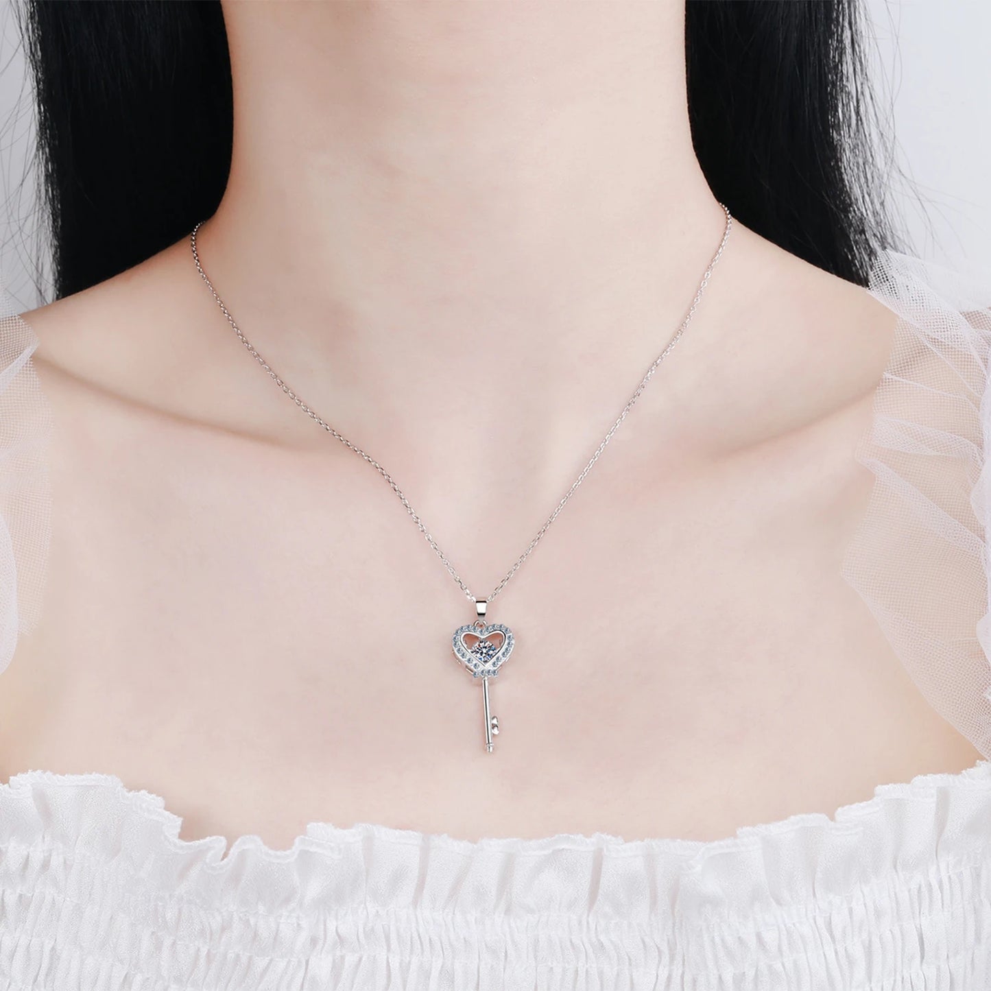 Womans Sterling Silver Moissanite Diamond Key Necklace