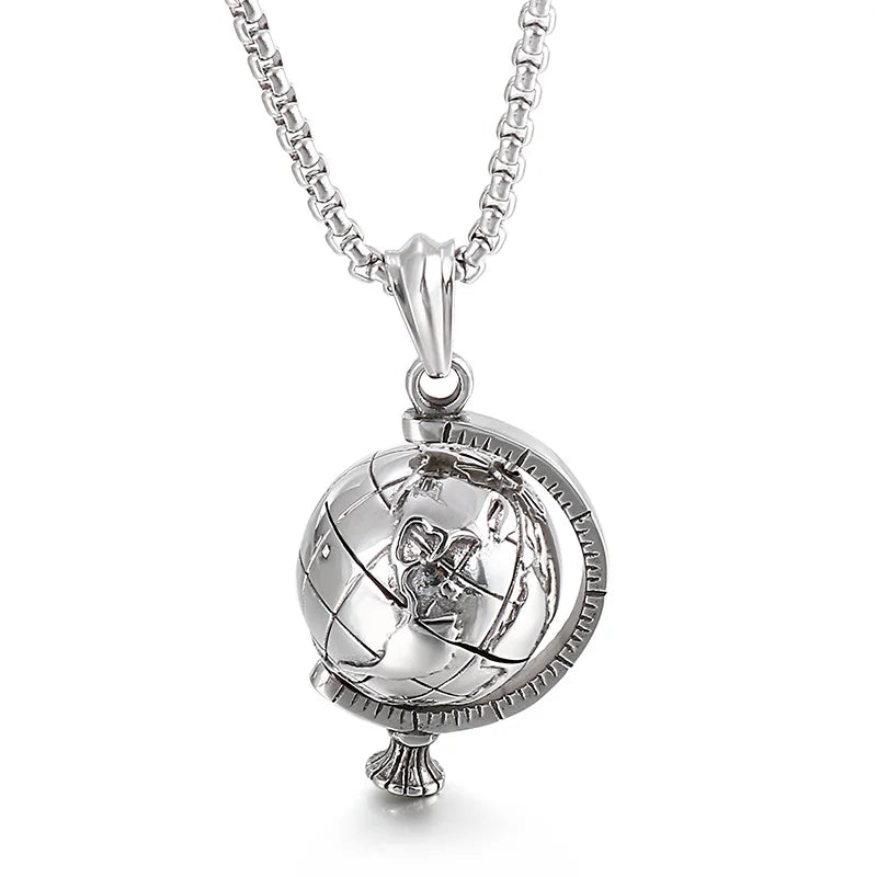 Globe Pendant Steel Color Men's Punk Style Stainless Steel Necklace.