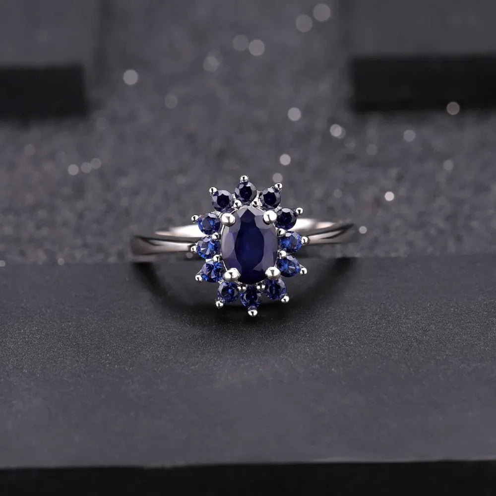 Women's Blue Sapphire Silver Vintage Flower Gemstone Ring