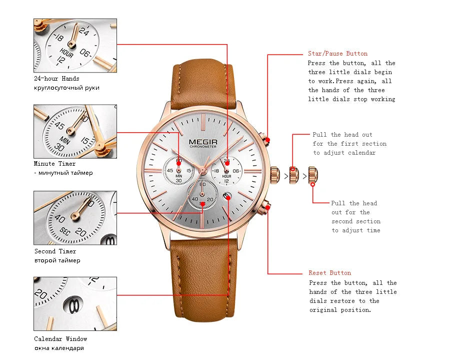 Chronograph Date Indicator Brown Leather Strap Quartz Watch for Women.