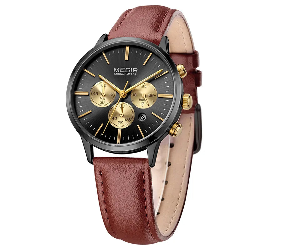 Chronograph Date Indicator Brown Leather Strap Quartz Watch for Women.