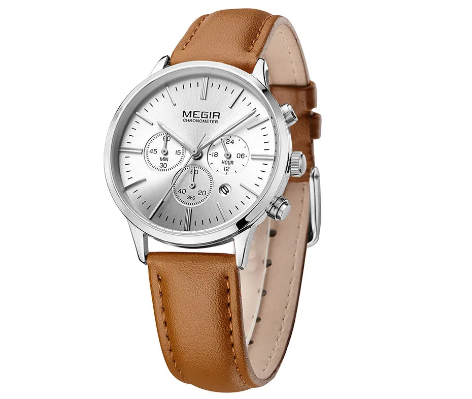 Chronograph Date Indicator Brown Leather Strap Quartz Watch for Women.