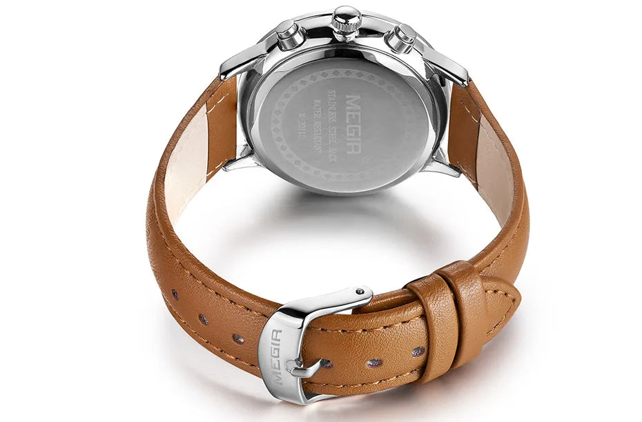 Chronograph Date Indicator Brown Leather Strap Quartz Watch for Women.