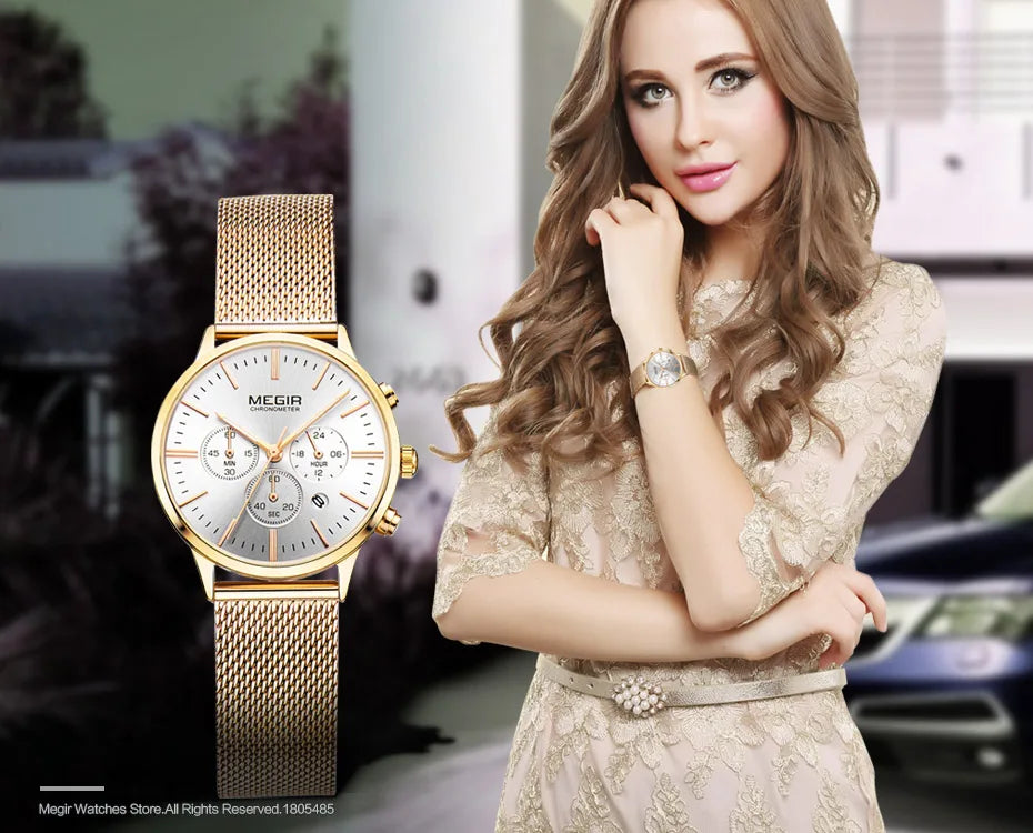 Women's Stainless Steel Mesh Bracelete Quartz Watch Chronograph Watch.