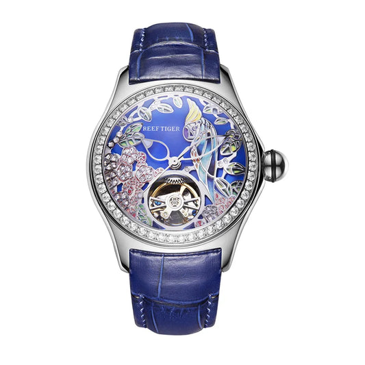 Womens Fashion Watch Diamond Automatic Tourbillon Leather Strap.