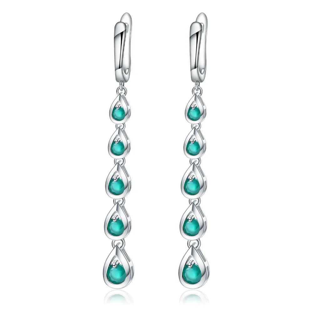 Sterling Silver Drop Earrings Green Agate Gemstone Earrings