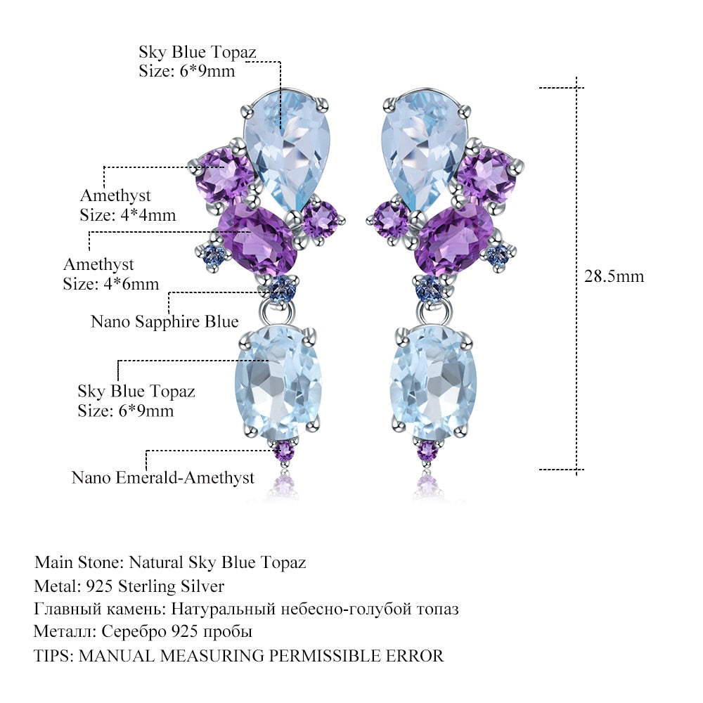 Womens Studs, Sterling Silver Blue Topaz Amethyst Stud.