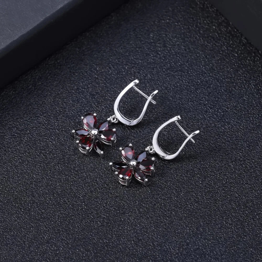 Women's Sterling Silver Flower Design Garnet Drop Earrings
