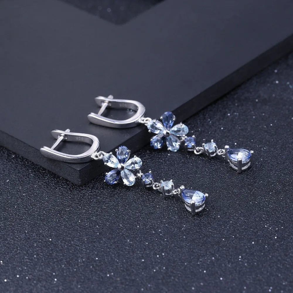 Iolite Mystic Sky Blue Topaz Silver Flower Drop Earrings
