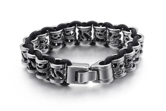 Animal Dragon 316L Stainless Steel & Leather Bracelet For Men