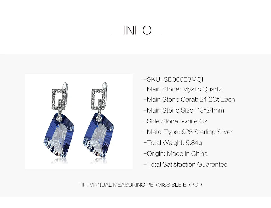 42.40Ct Iolite Blue Mystic Drop Earrings 925 Sterling Silver, Women