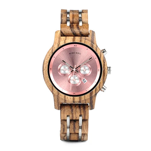 Women Chronograph Watch With Auto Date Versatile Wooden Timepieces.