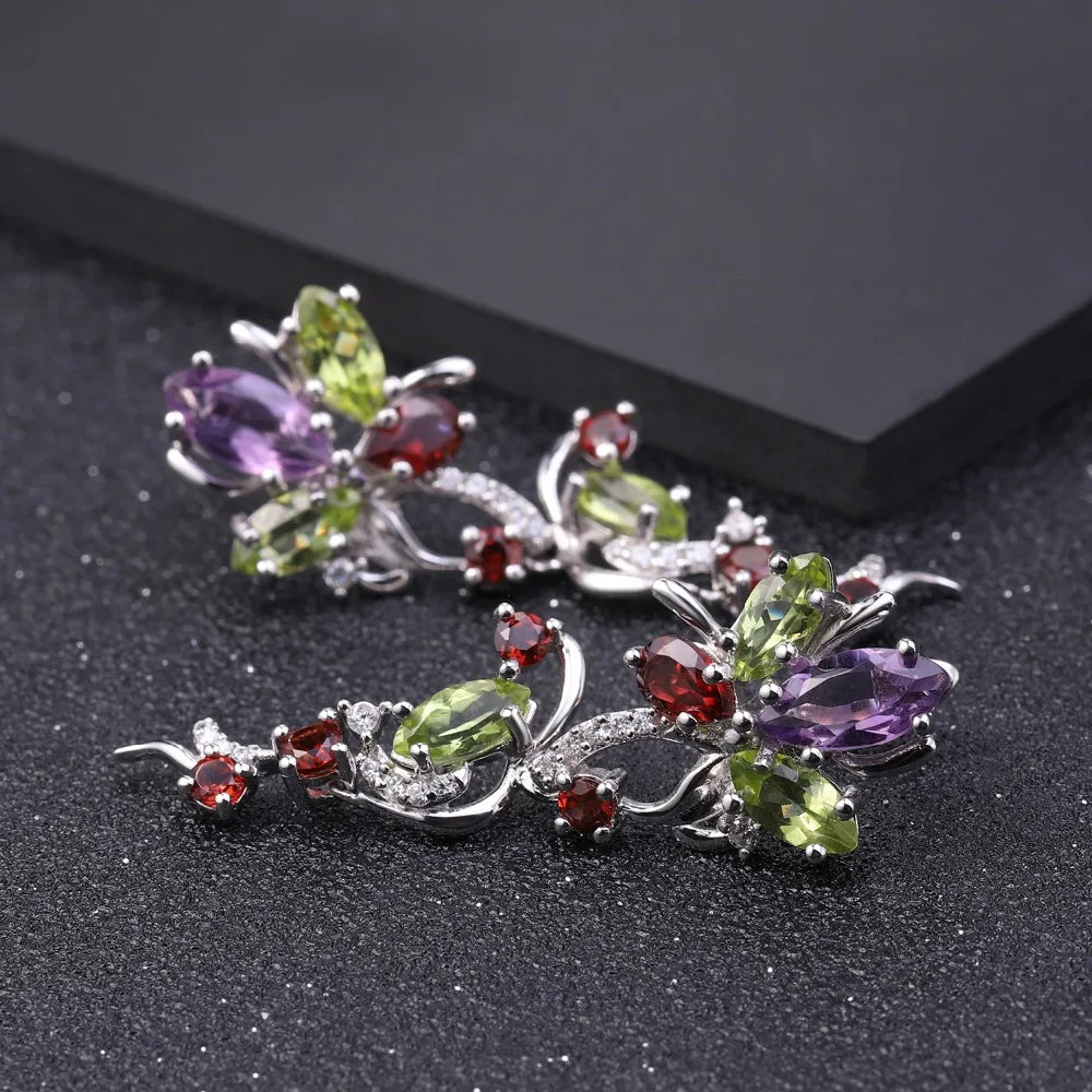 Women's Flower Peridot Amethyst Garnet Drop Earrings