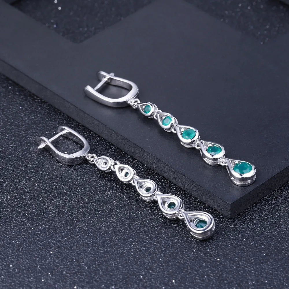 Sterling Silver Drop Earrings Green Agate Gemstone Earrings