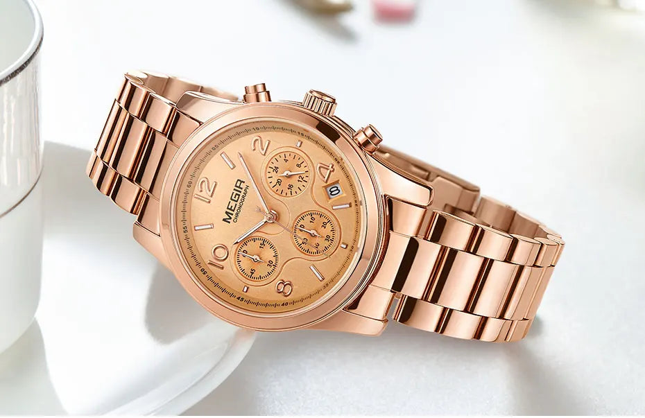 Chronograph Quartz Watches Women Top Brand Luxury Rose Gold watch.