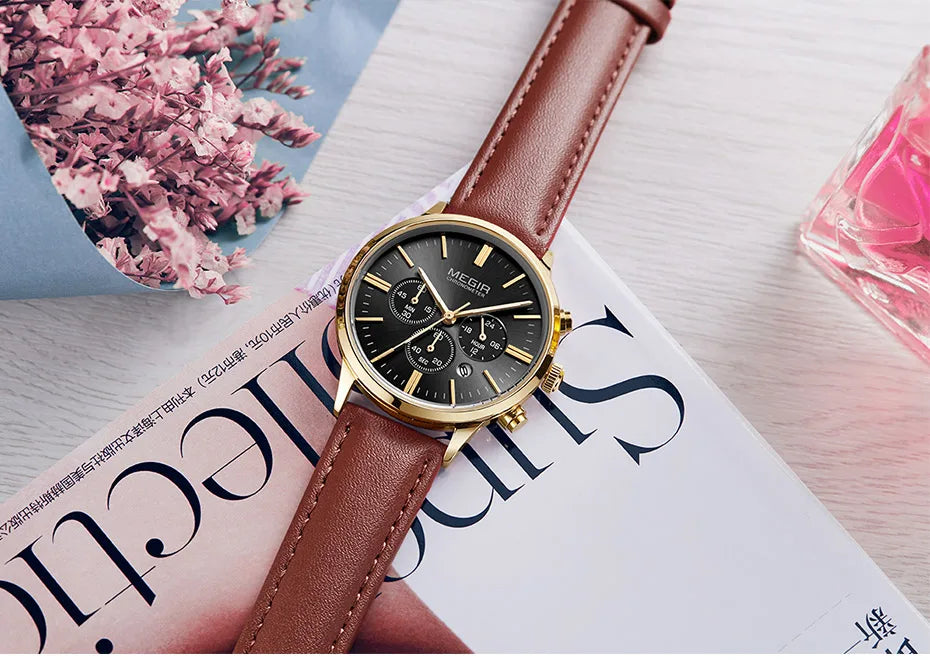 Chronograph Date Indicator Brown Leather Strap Quartz Watch for Women.