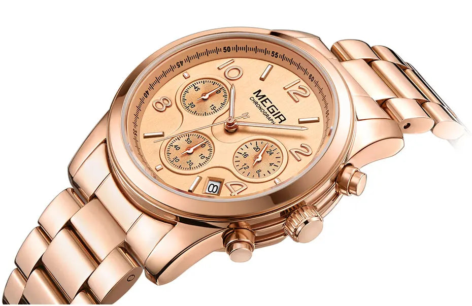 Chronograph Quartz Watches Women Top Brand Luxury Rose Gold watch.