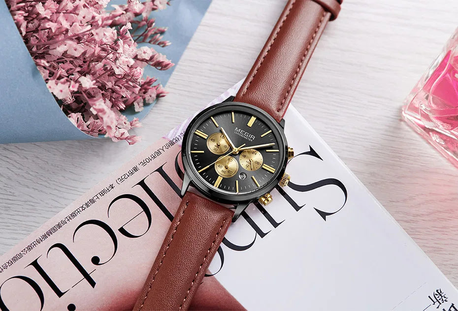 Chronograph Date Indicator Brown Leather Strap Quartz Watch for Women.