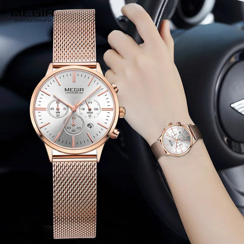 Women's Stainless Steel Mesh Bracelete Quartz Watch Chronograph Watch.