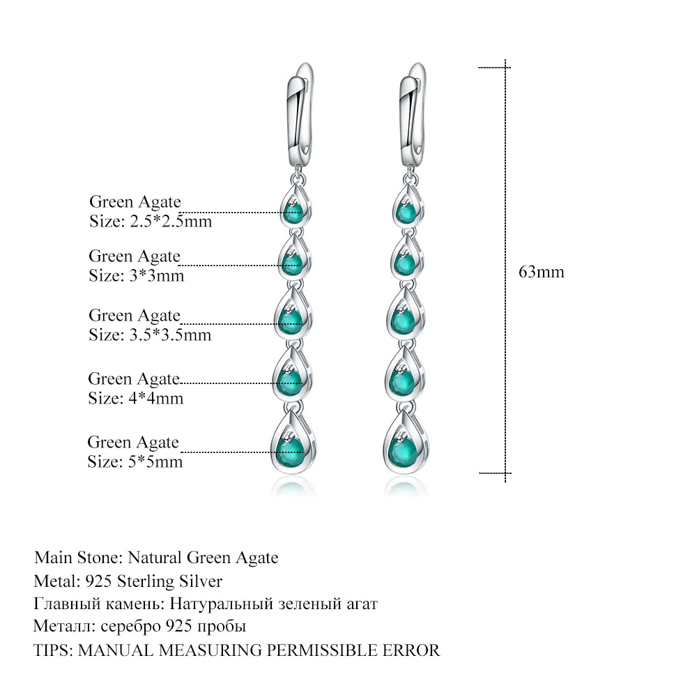 Sterling Silver Drop Earrings Green Agate Gemstone Earrings