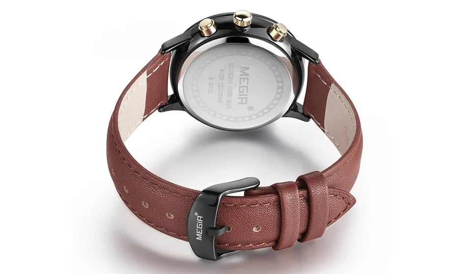 Chronograph Date Indicator Brown Leather Strap Quartz Watch for Women.