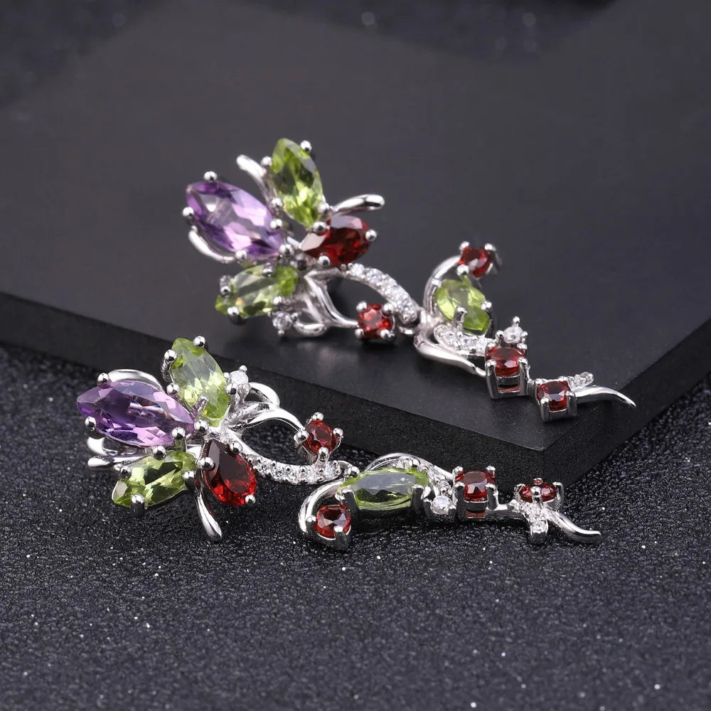 Women's Flower Peridot Amethyst Garnet Drop Earrings
