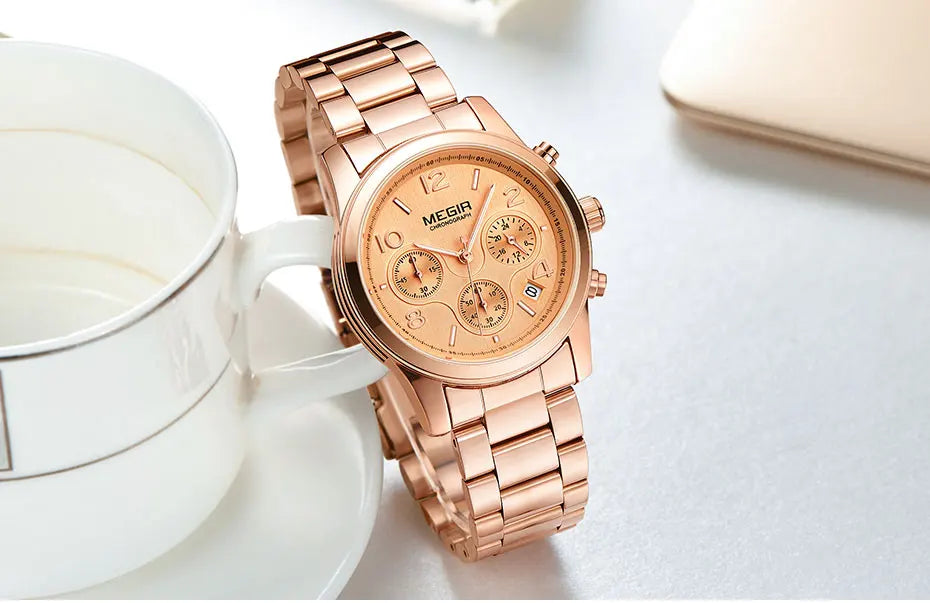 Chronograph Quartz Watches Women Top Brand Luxury Rose Gold watch.